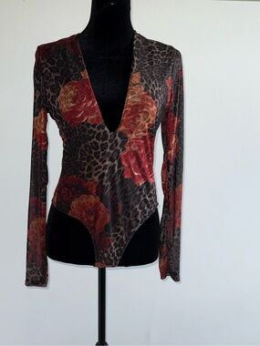 Fashion Nova Moody Mesh Leopard & Floral Long Sleeve Bodysuit Women's Medium